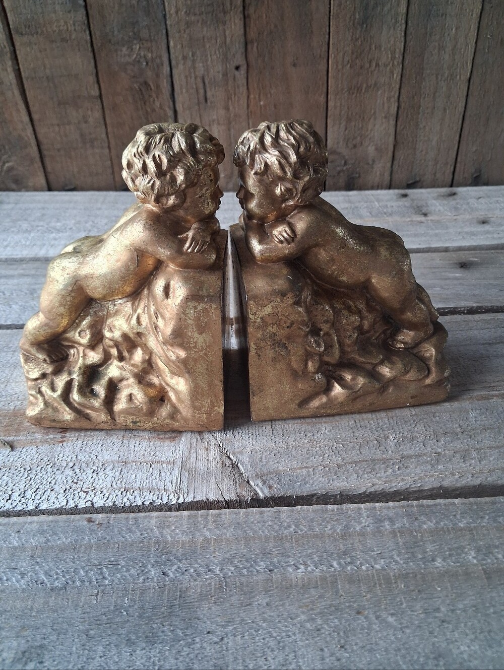 Vintage Gold Cherub Bookends Pair - Hollywood Regency Shelf Decor